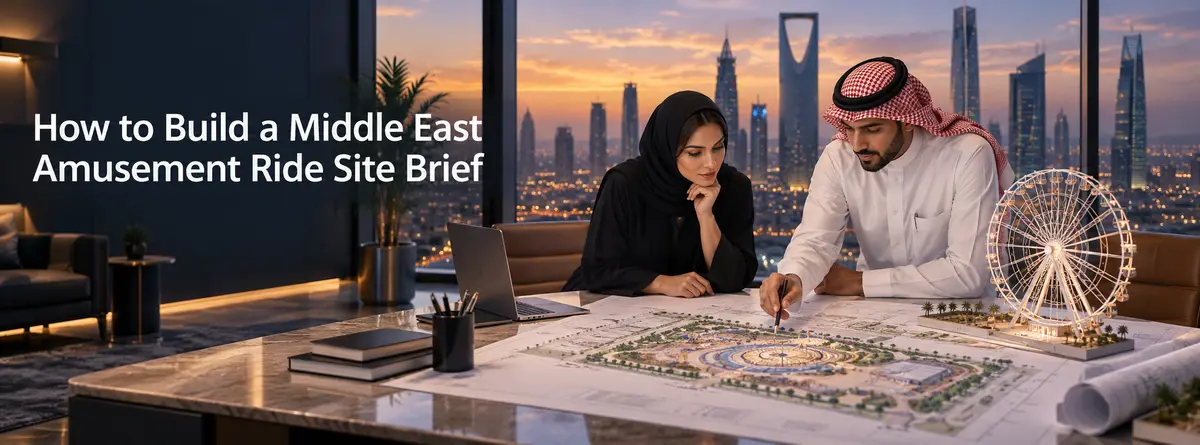 Middle East event producers reviewing an amusement ride site plan and Ferris wheel model in a modern planning office