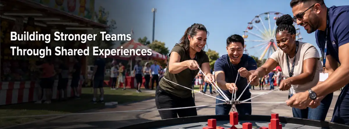 Coworkers building stronger teams through shared interactive corporate event experiences