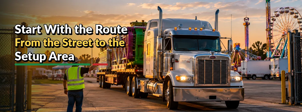 Amusement ride transport truck entering an event venue while a crew member guides site access