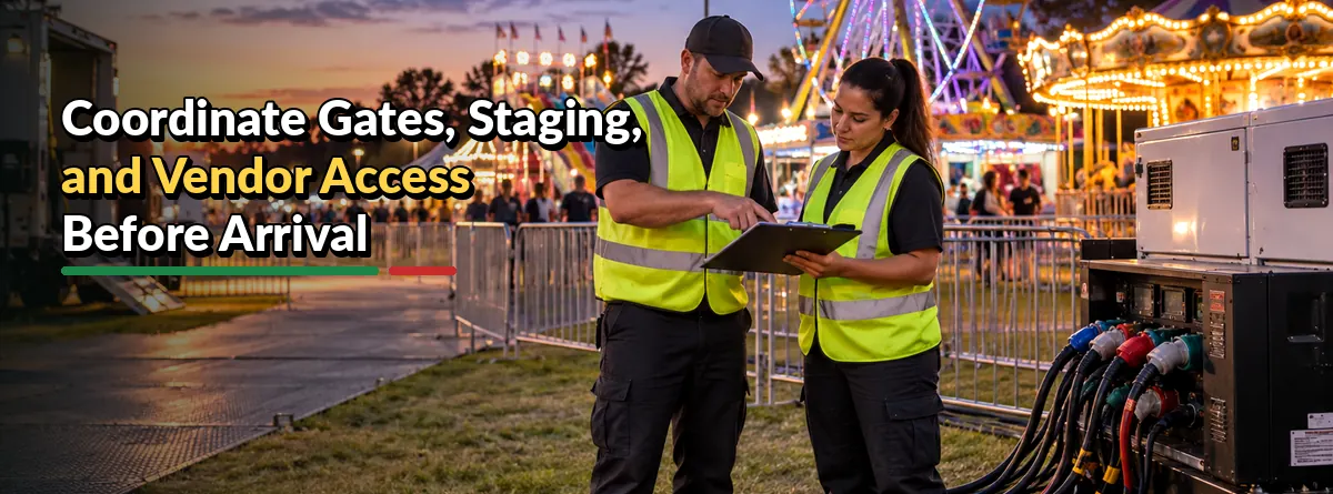 Event setup crew reviewing access and staging plans beside amusement rides, barriers, cables, and power equipment