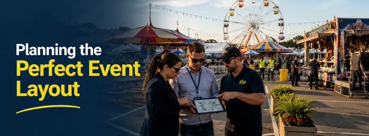Children, teenagers, and adults enjoying rides and carnival games at a company family event