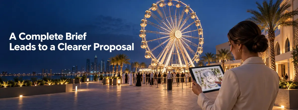 Event agency director reviewing an approved venue layout beside an illuminated Ferris wheel at a Middle East event