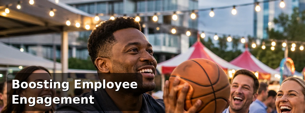 Coworkers participating together in an interactive corporate event activity